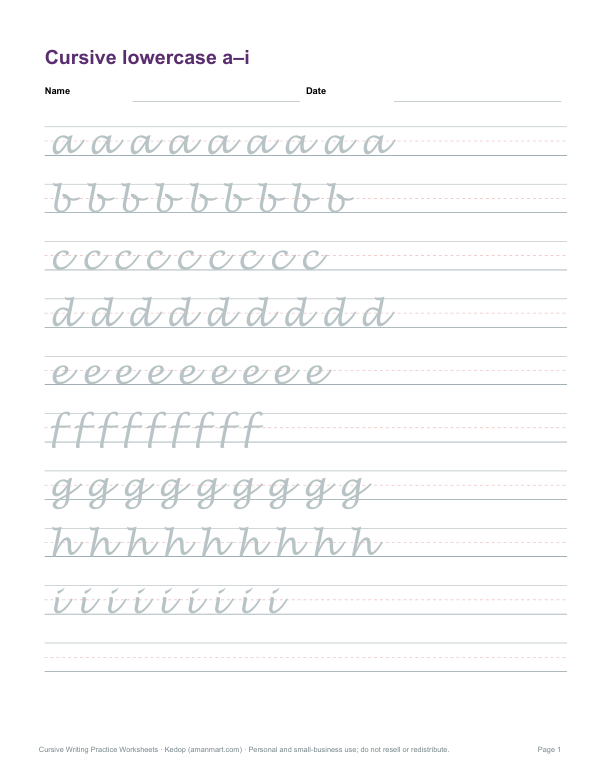 Preview of Printable Cursive Lowercase a–i Practice