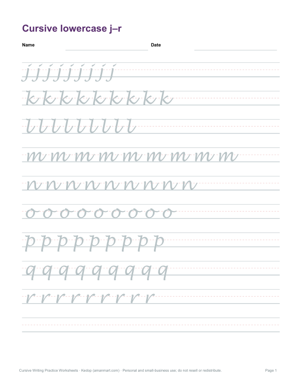 Preview of Printable Lowercase Cursive j–r Practice