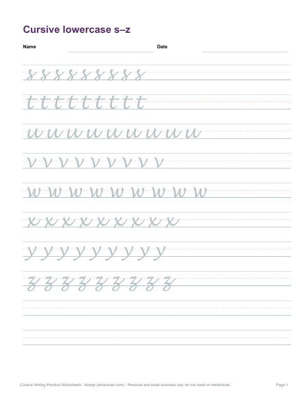 Preview of Printable Cursive Lowercase s–z Practice Sheet