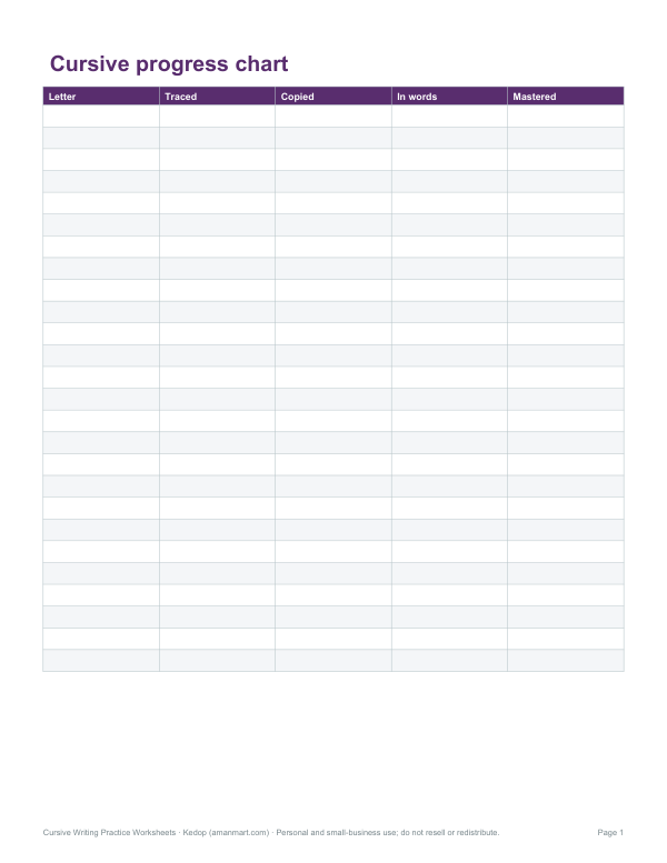 Preview of Printable Cursive Progress Chart